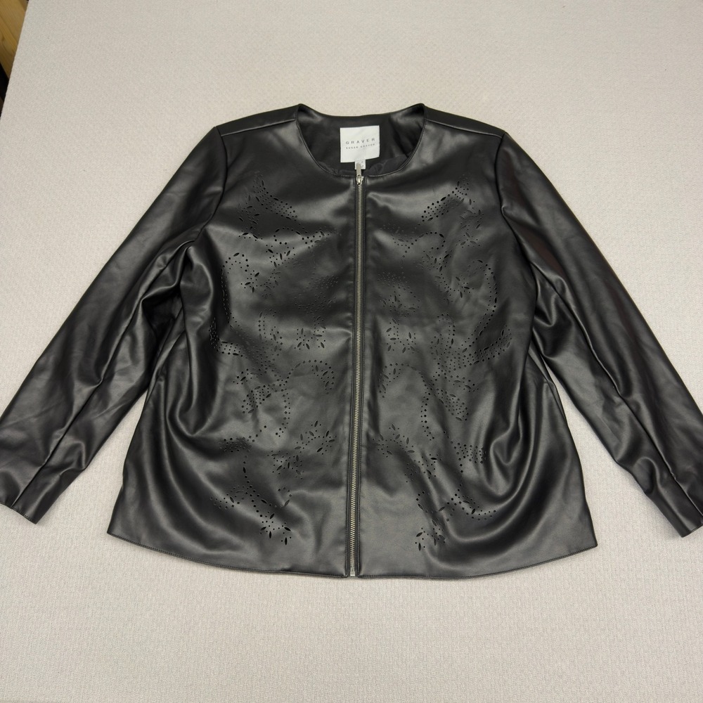 Susan Graver Faux Leather Jacket Womens XL Black Floral Cut Out Full Zip Casual